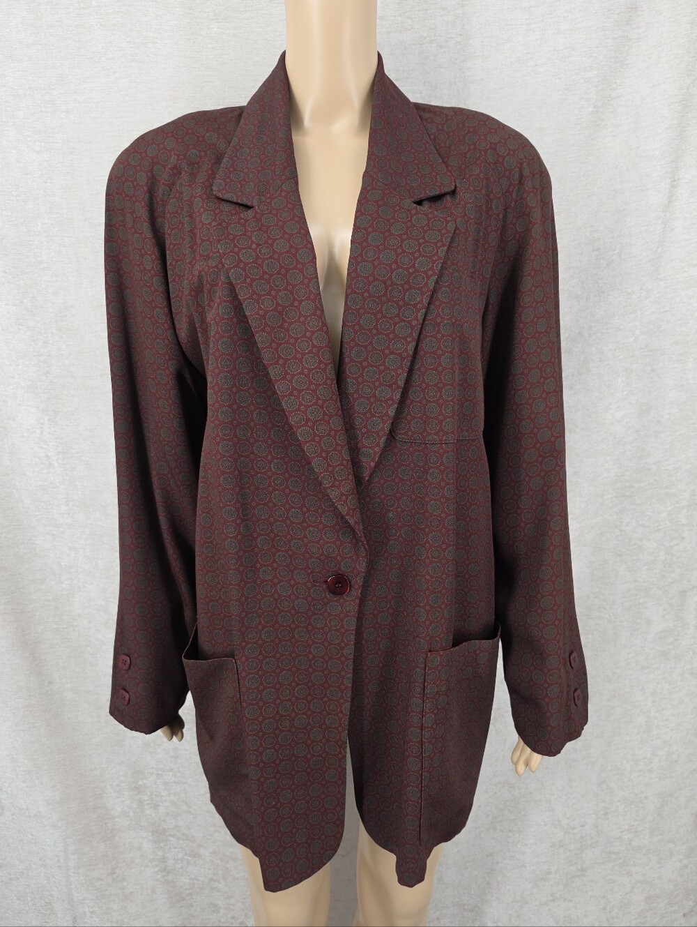 Vintage Women's Burgundy Patterned Single Button Longline Blazer